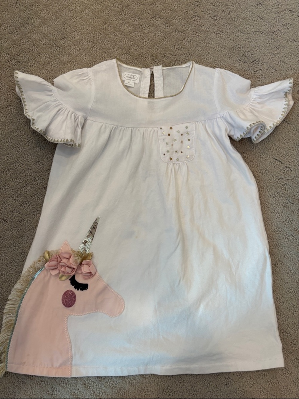 Mud Pie White Dress with Pink Unicorn Applique